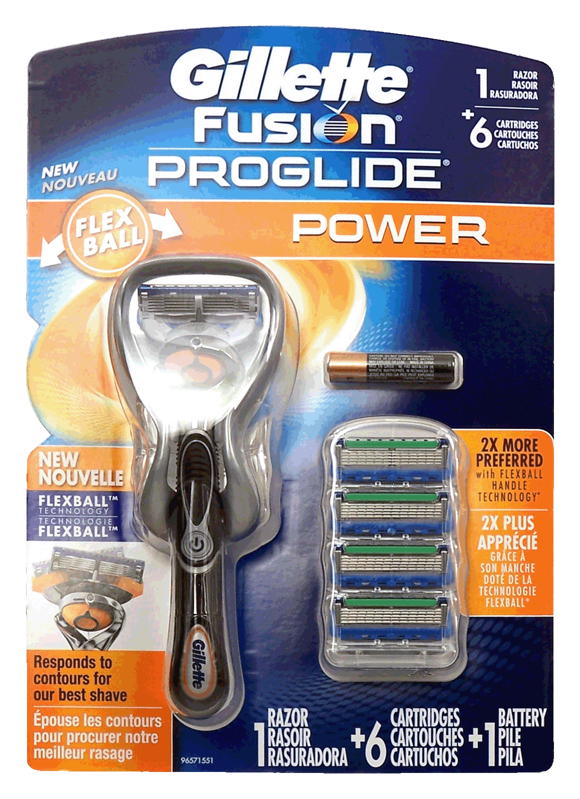 Gillette Fusion Pro Glide; Power; 1 razor, 6 refill cartridges, 1 battery, new flex ball Full-Size Picture